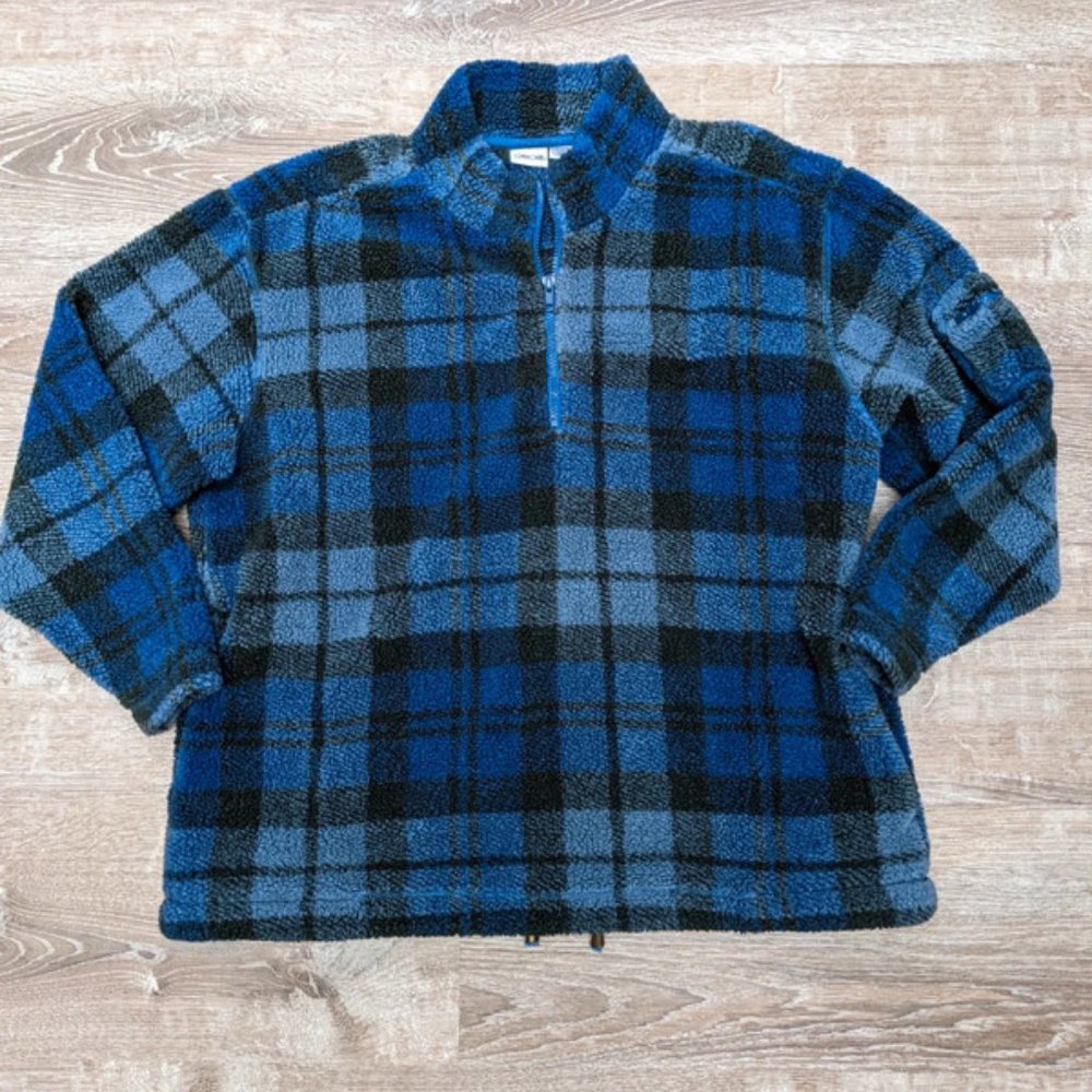 Cherokee Sherpa Blue & Grey Plaid Quarter Zip Pullover Cozy Fleece L/XL